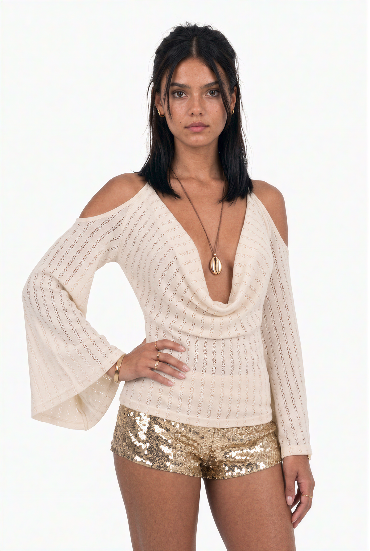 Textured Halter Neck Cold Shoulder Top with Bell Sleeves