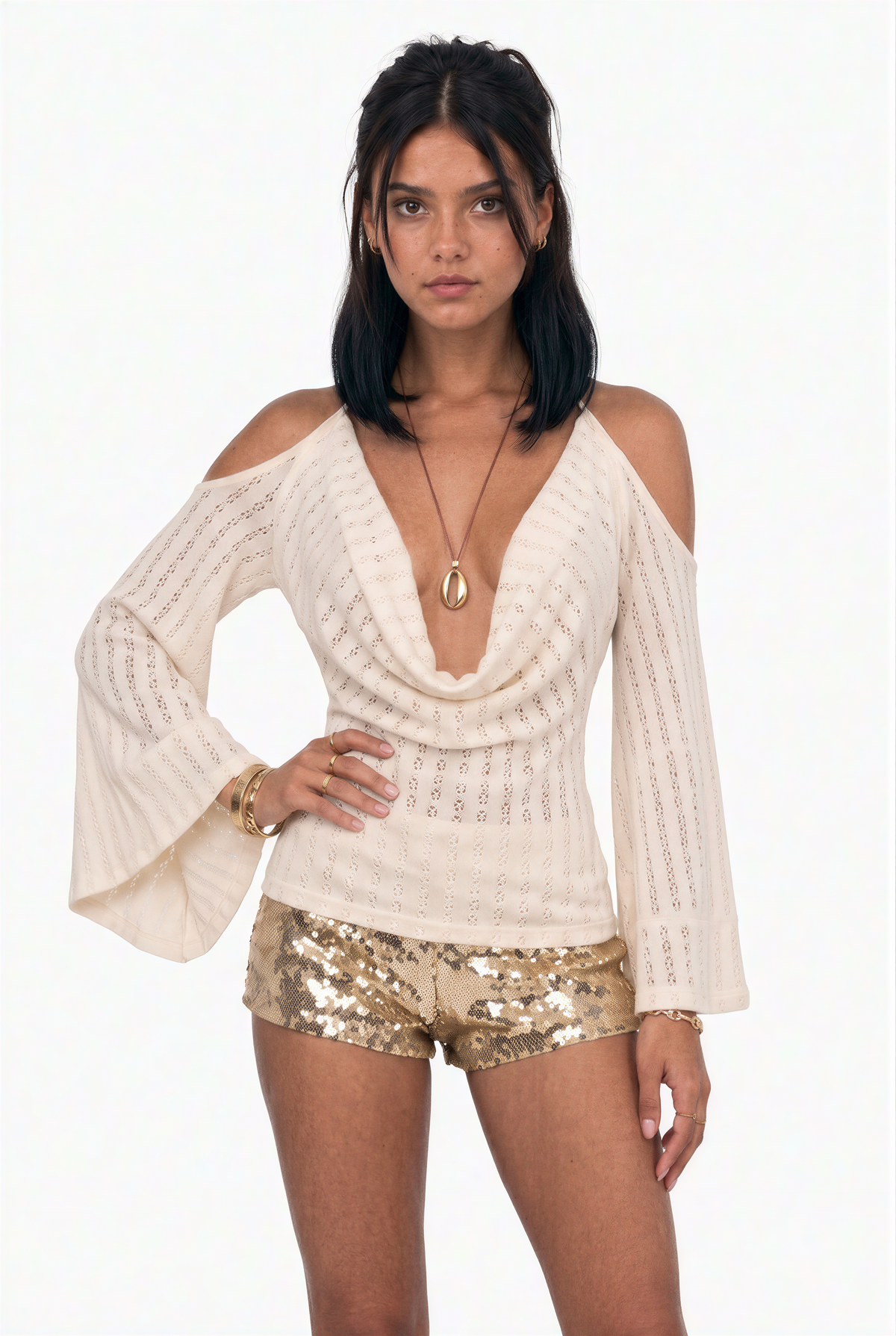 Textured Halter Neck Cold Shoulder Top with Bell Sleeves