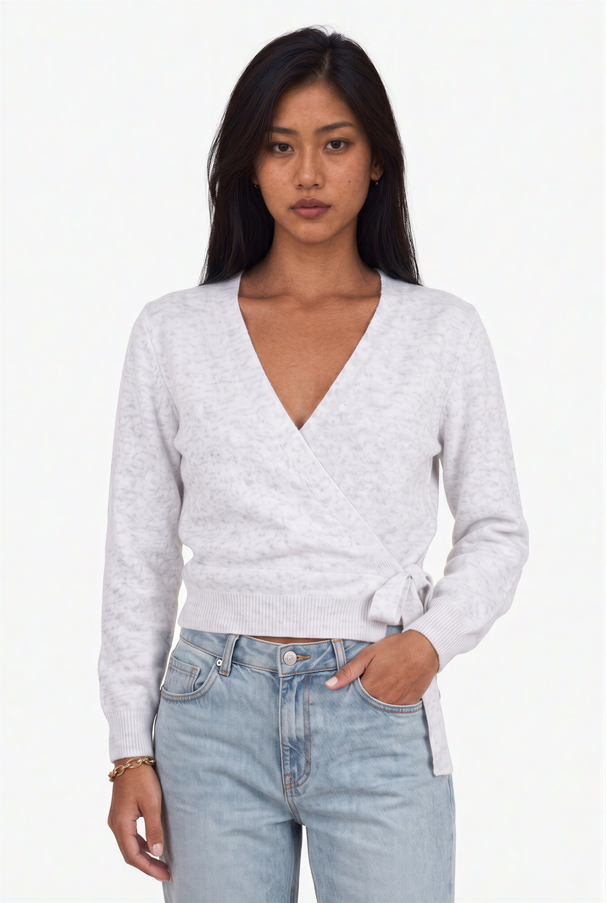 Heather Grey V-Neck Knit Wrap Sweater