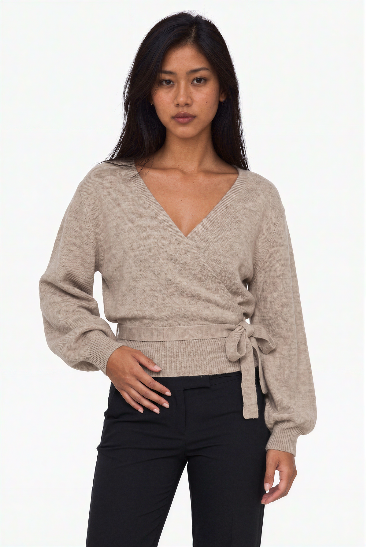 Heather Grey V-Neck Knit Wrap Sweater