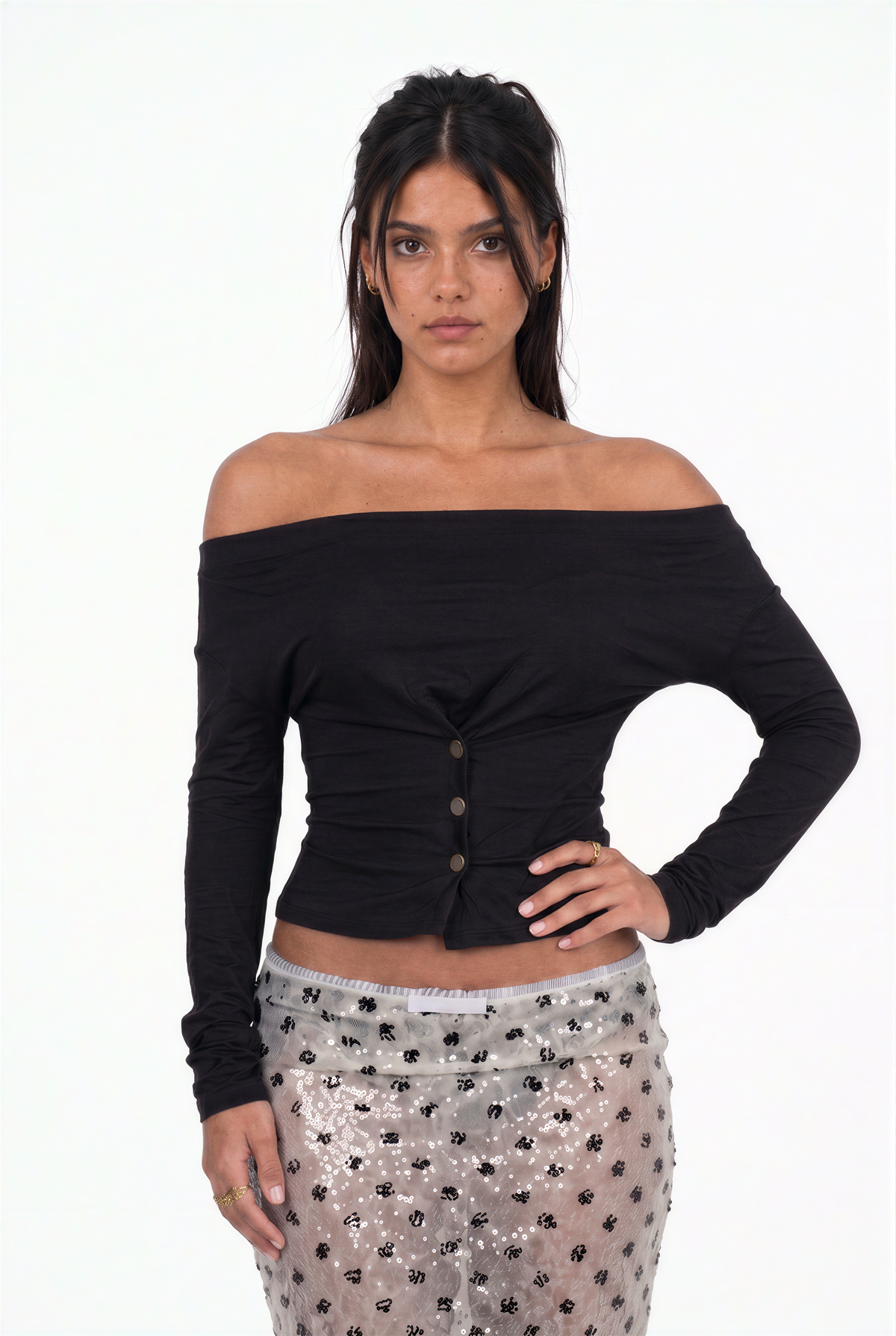 Off-The-Shoulder Button-Front Long-Sleeve Top