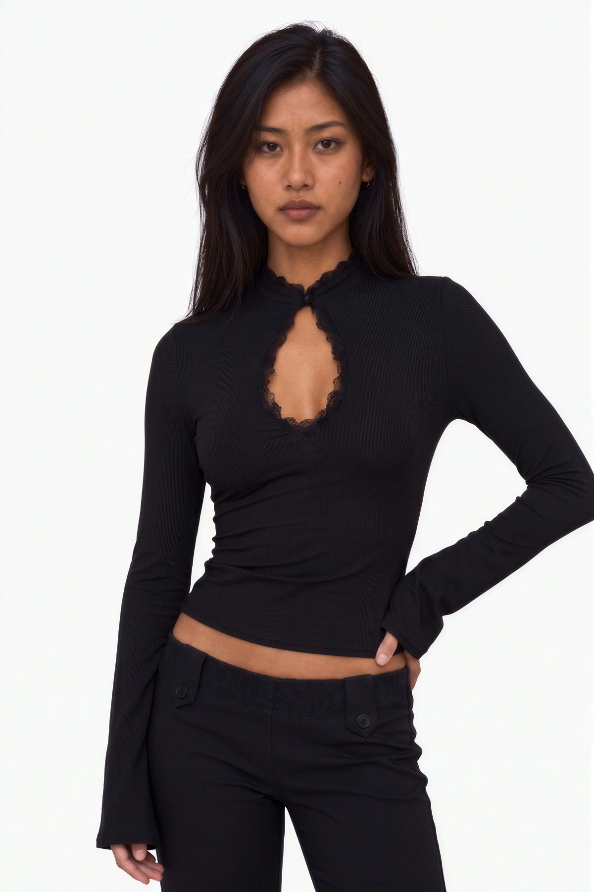 Black Lace-Trim Keyhole Long-Sleeve Top