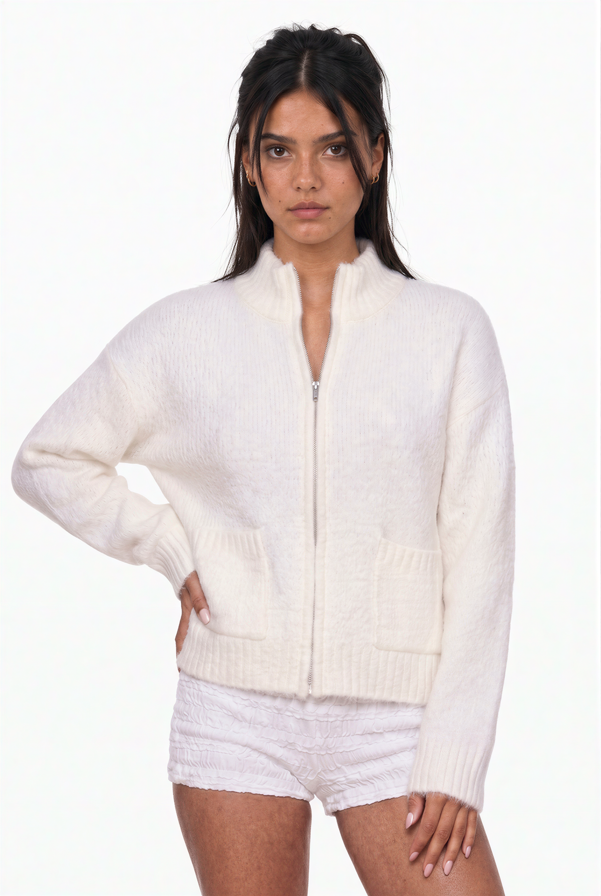 Cream Ribbed Zip-Up Knit Cardigan