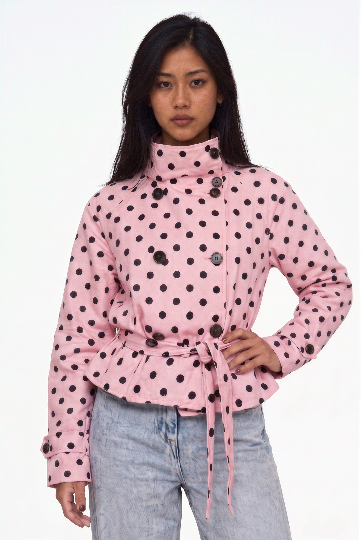 Pink Polka Dot Belted Crop Trench Jacket