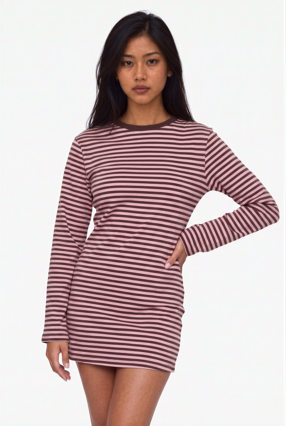Pink and Brown Striped Long-Sleeve Mini Dress