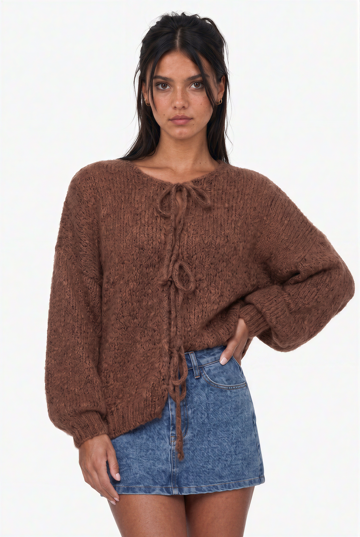 Brown Tie-Front Knit Cardigan