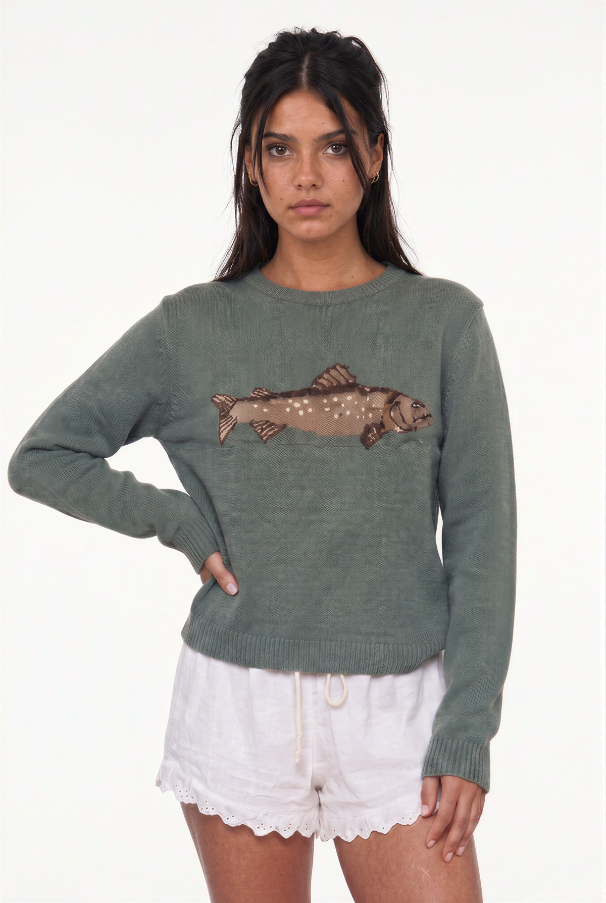 Sage Green Trout Intarsia Knit Sweater