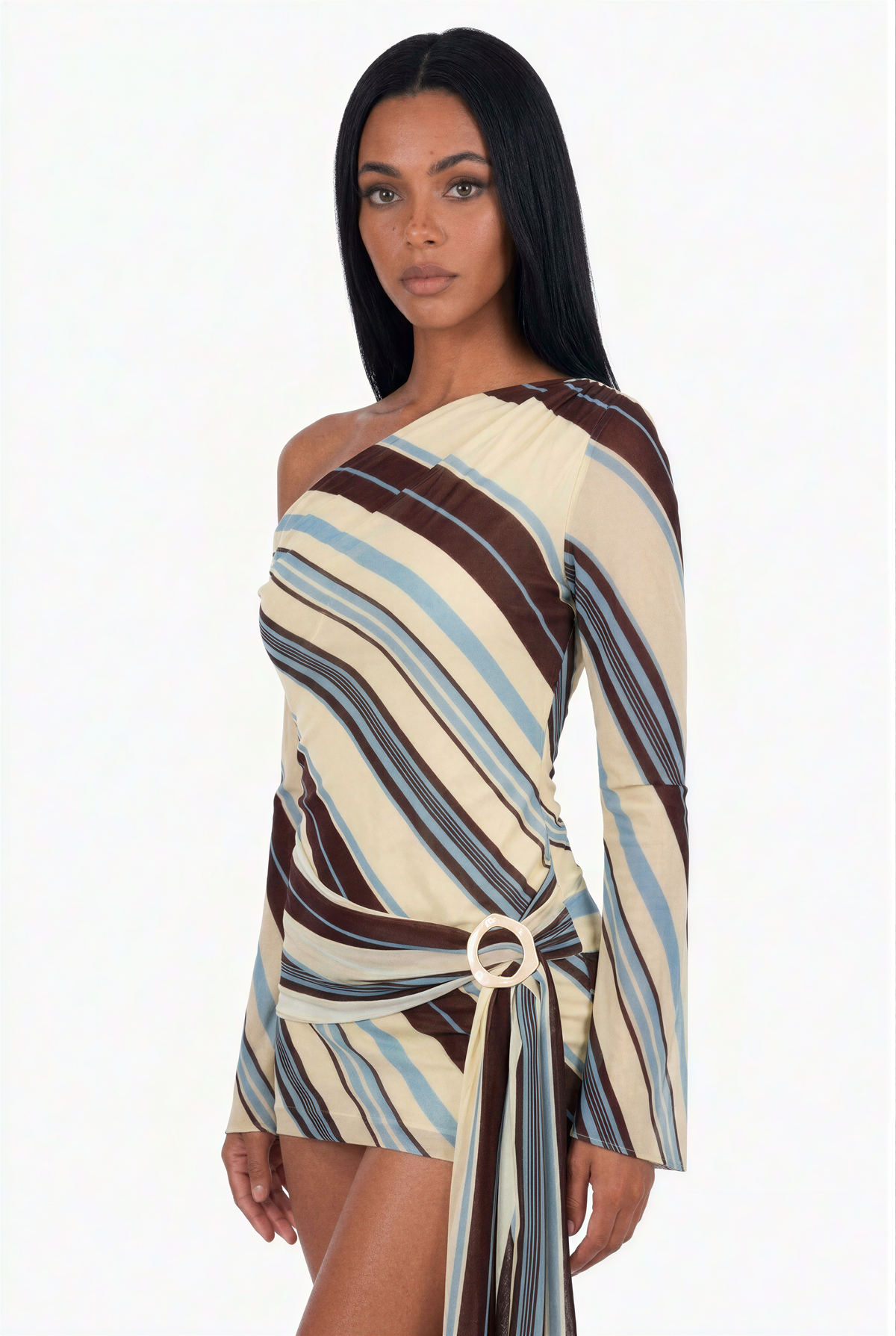 Off-The-Shoulder Diagonal Stripe Draped Dress