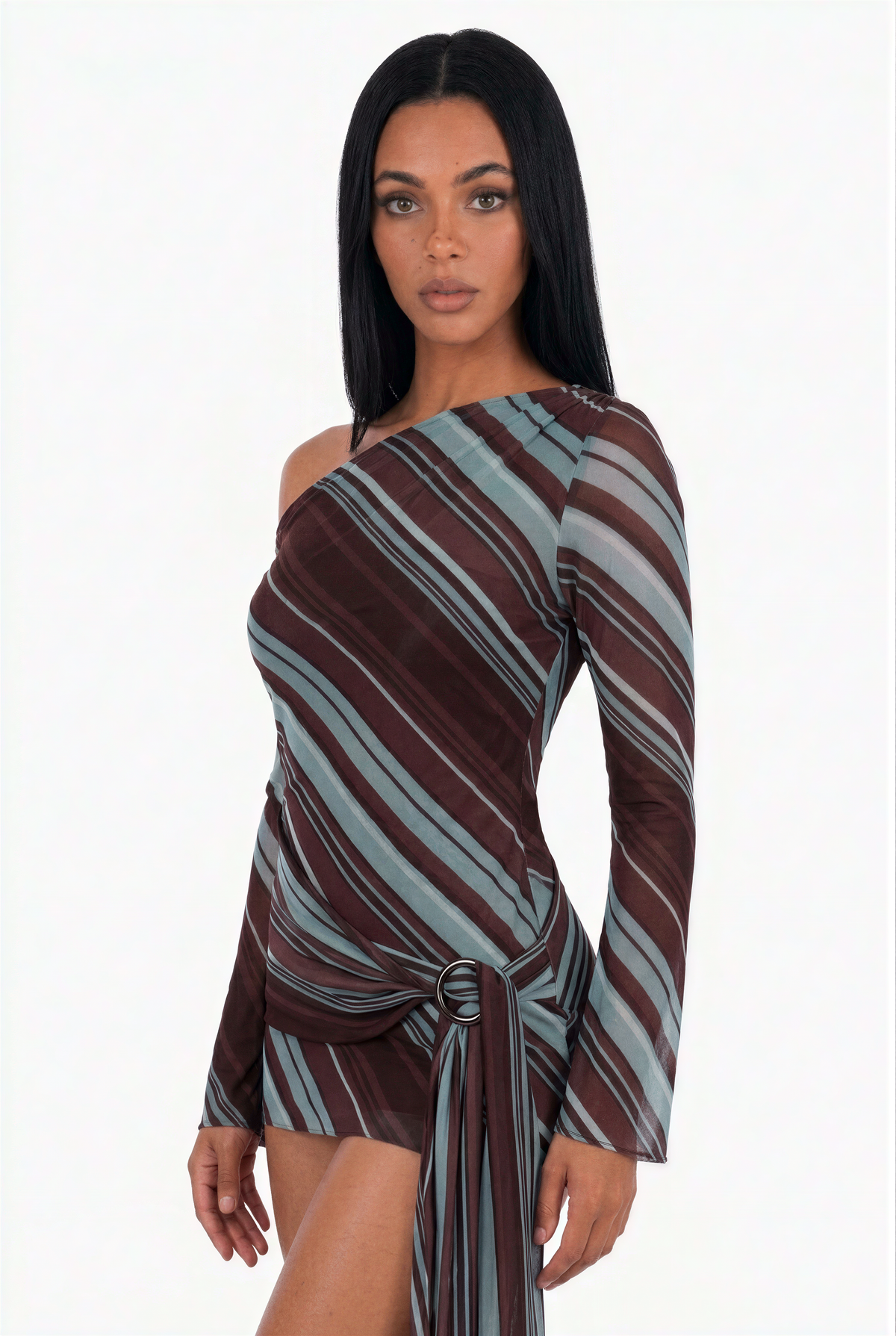 Off-The-Shoulder Diagonal Stripe Draped Dress