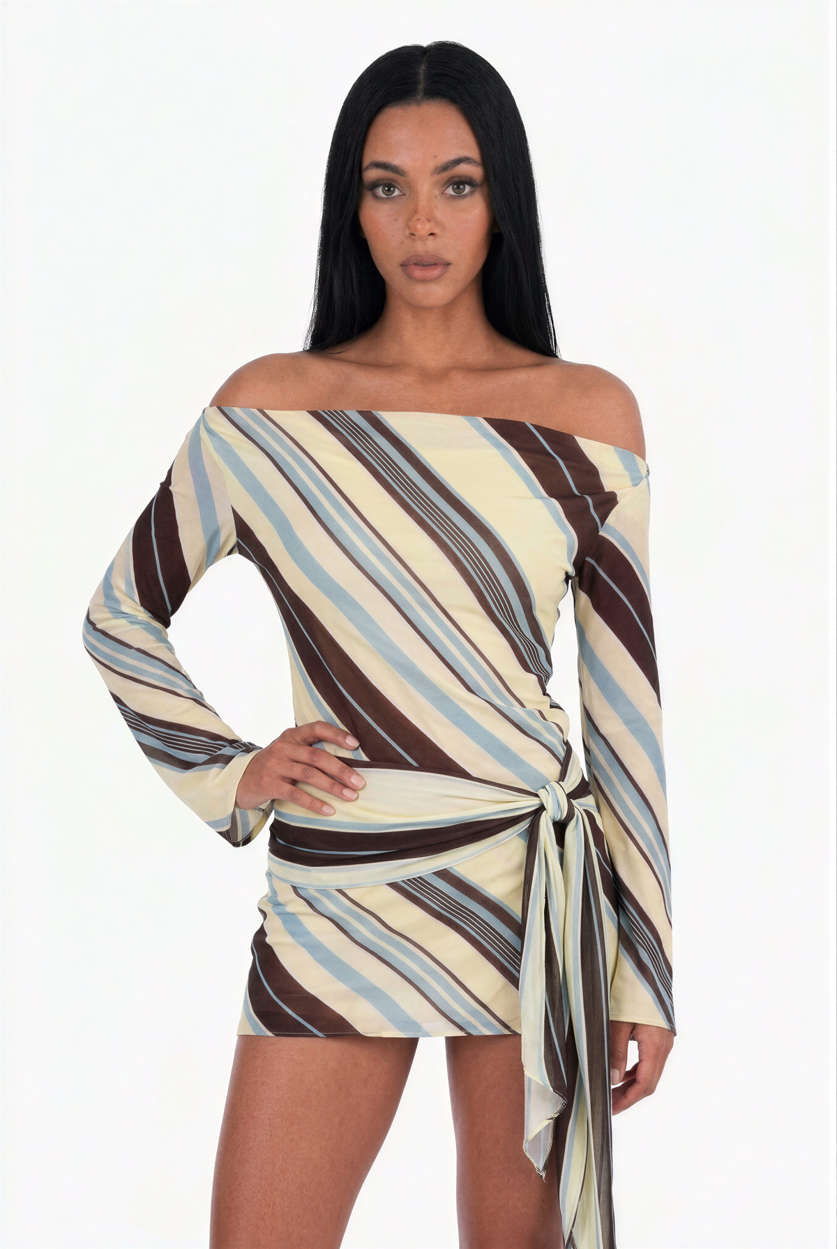 Off-The-Shoulder Diagonal Stripe Draped Dress