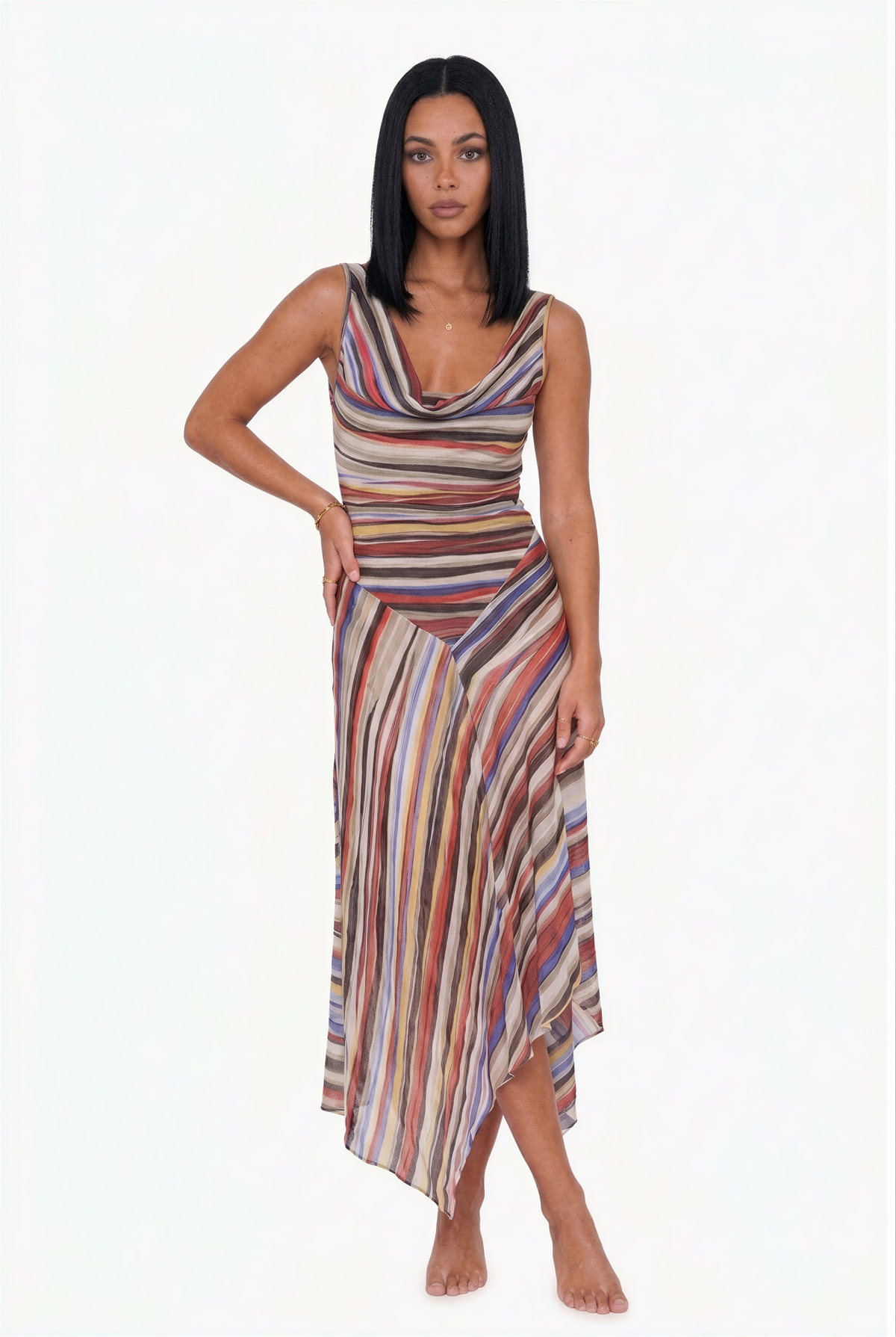 Multicolored Stripe Bias-Cut Midi Dress