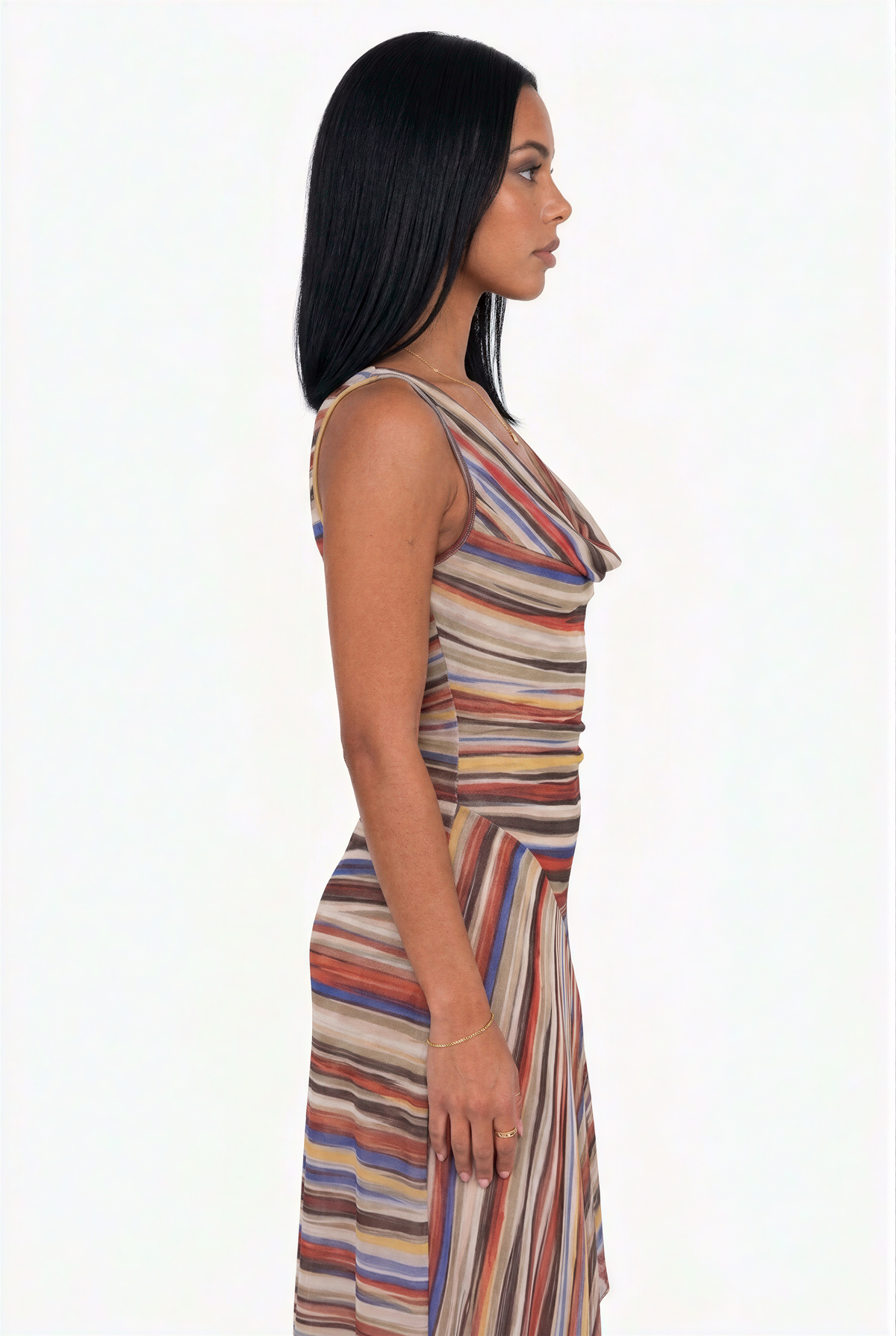 Multicolored Stripe Bias-Cut Midi Dress