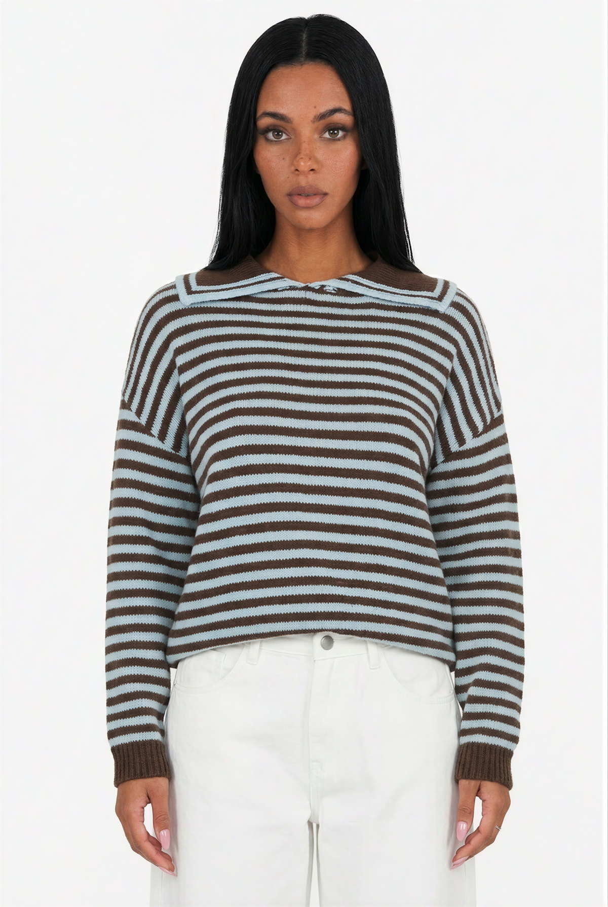 Brown and Blue Striped Collar Knit Sweater