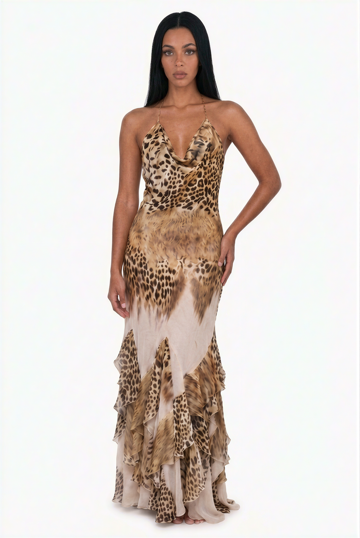 Leopard Print Halter Ruffle Maxi Dress
