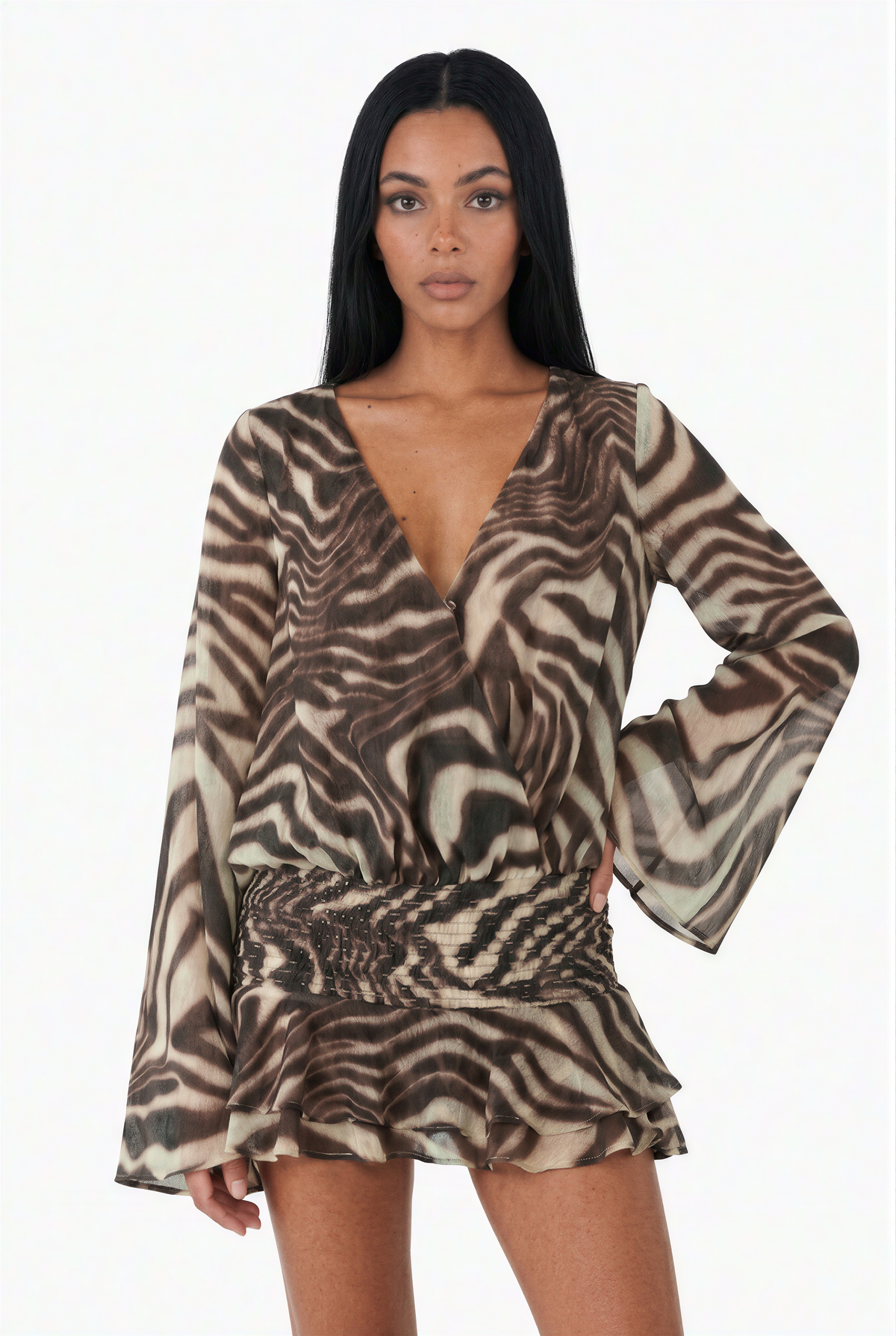 Animal Print Smocked Waist Ruffle Mini Dress