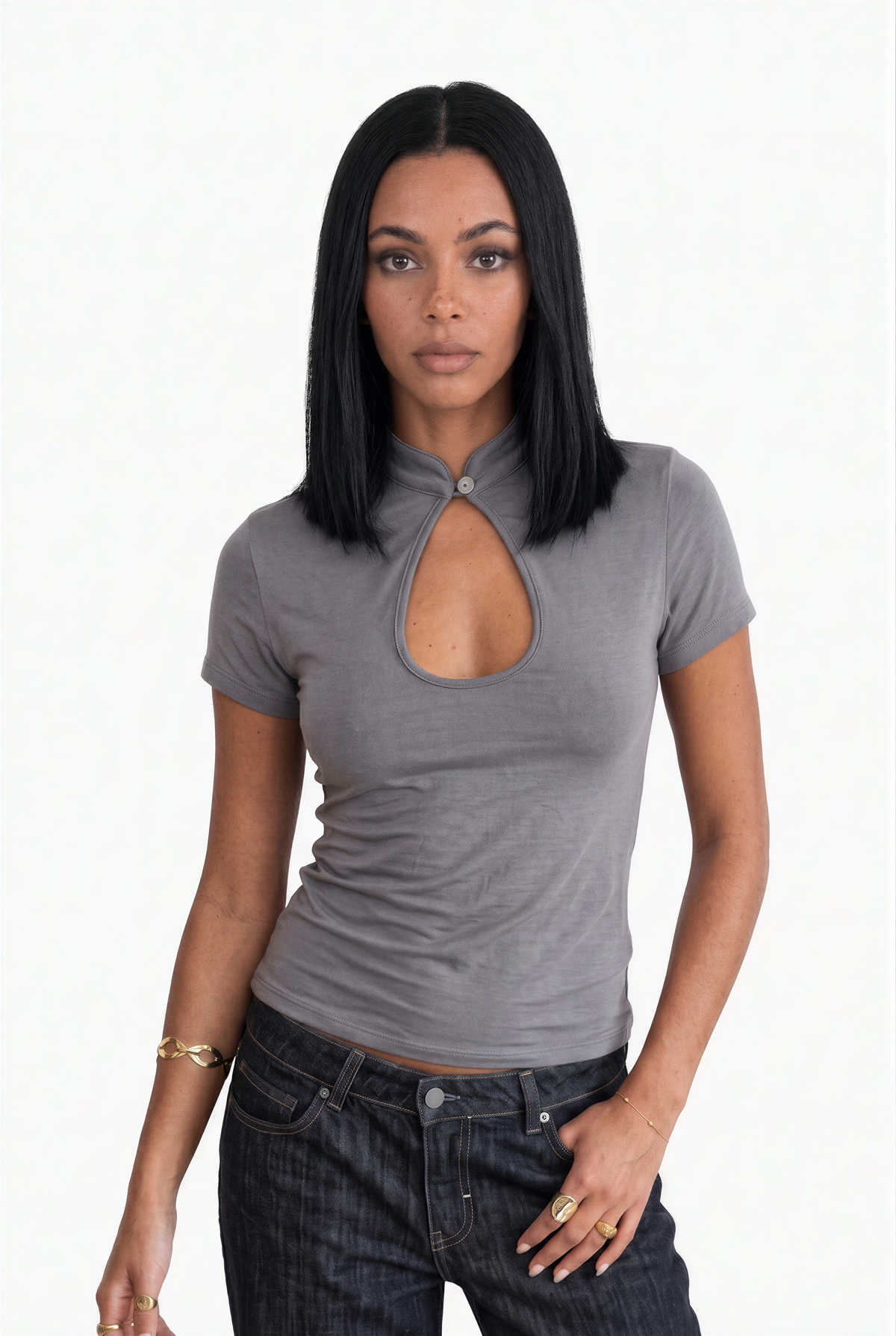 Mandarin Button Cut-Out Top