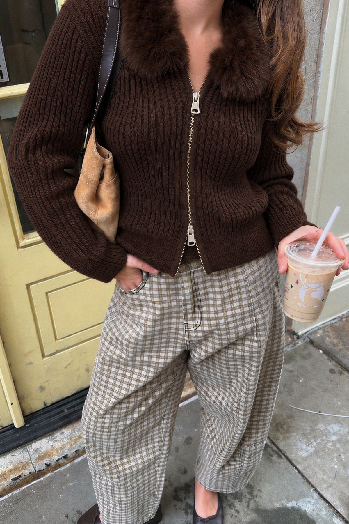 Espresso Faux Fur Collar Double-Zip Ribbed Cardigan
