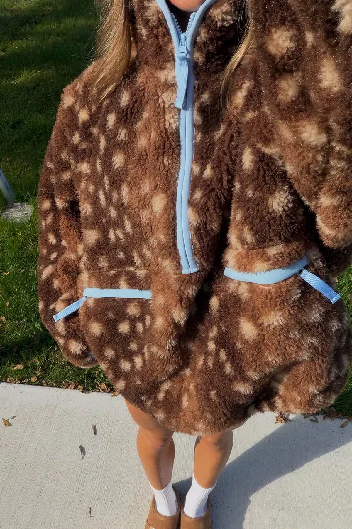 Retro Bambi Print Fluffy Half-Zip Jacket