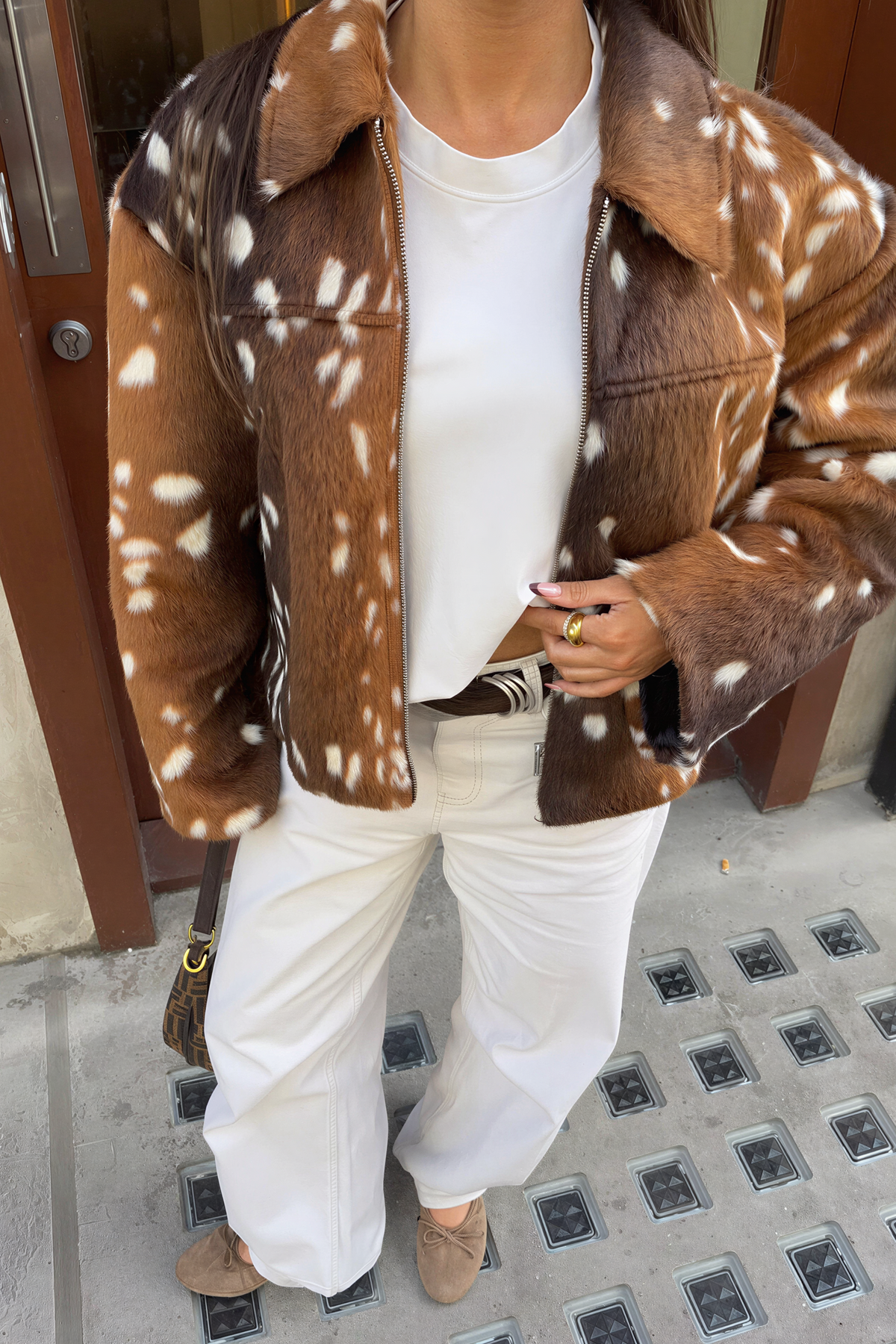 Fawn Pattern Fuzz Bomber Jacket
