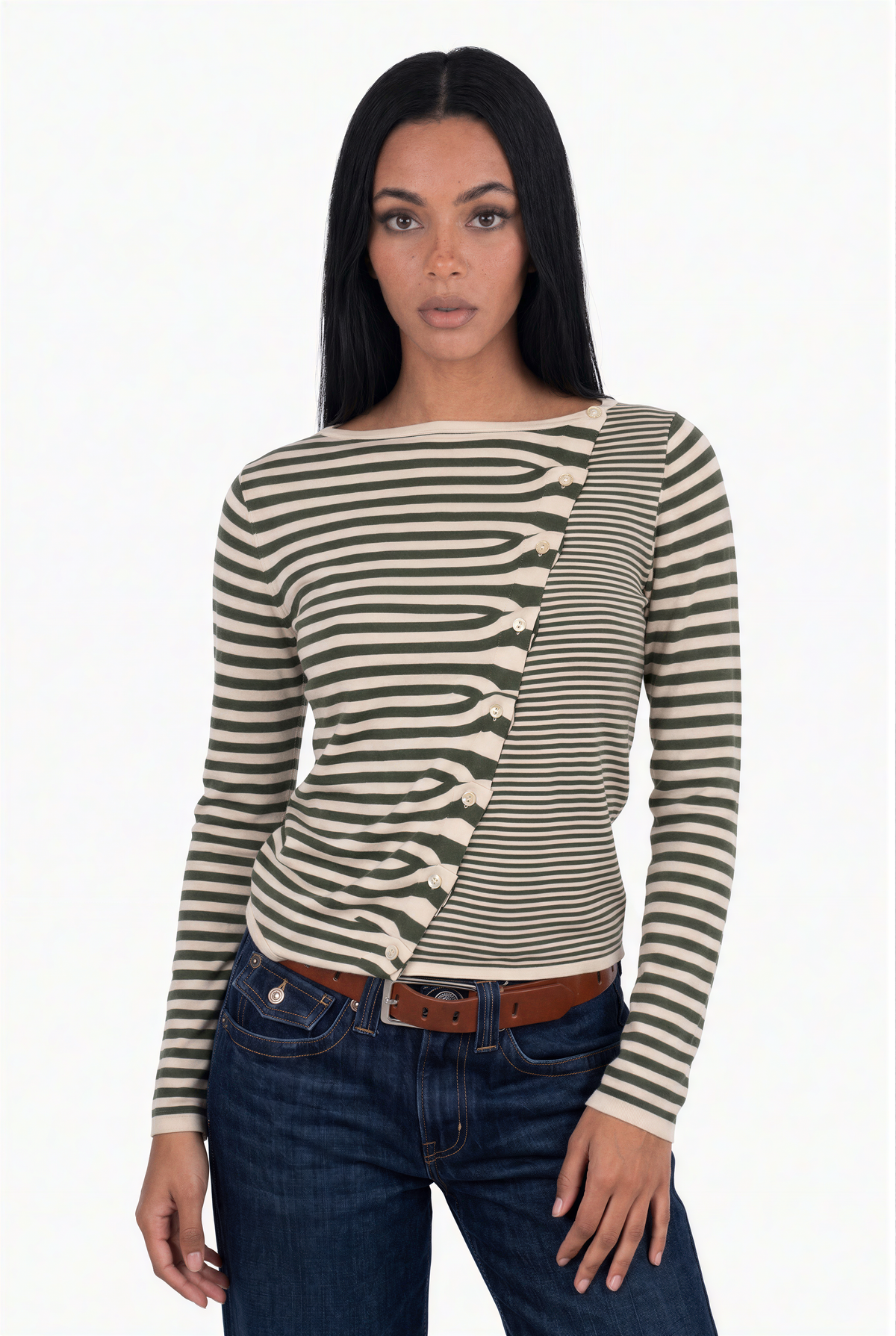 Diagonal Button-Front Striped Top