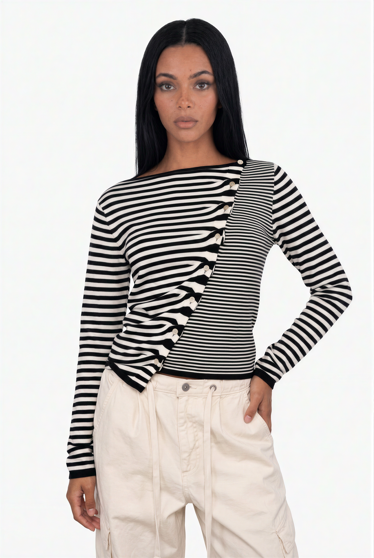 Diagonal Button-Front Striped Top