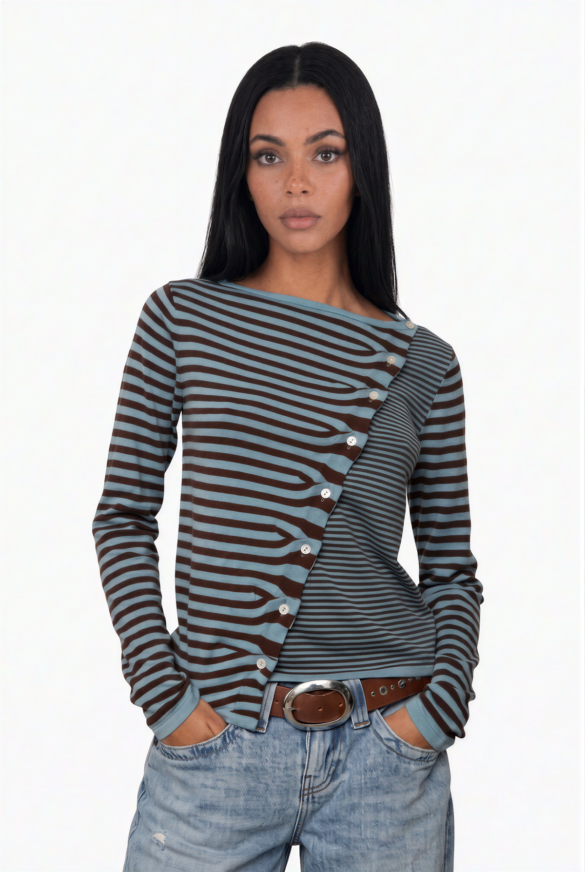 Diagonal Button-Front Striped Top
