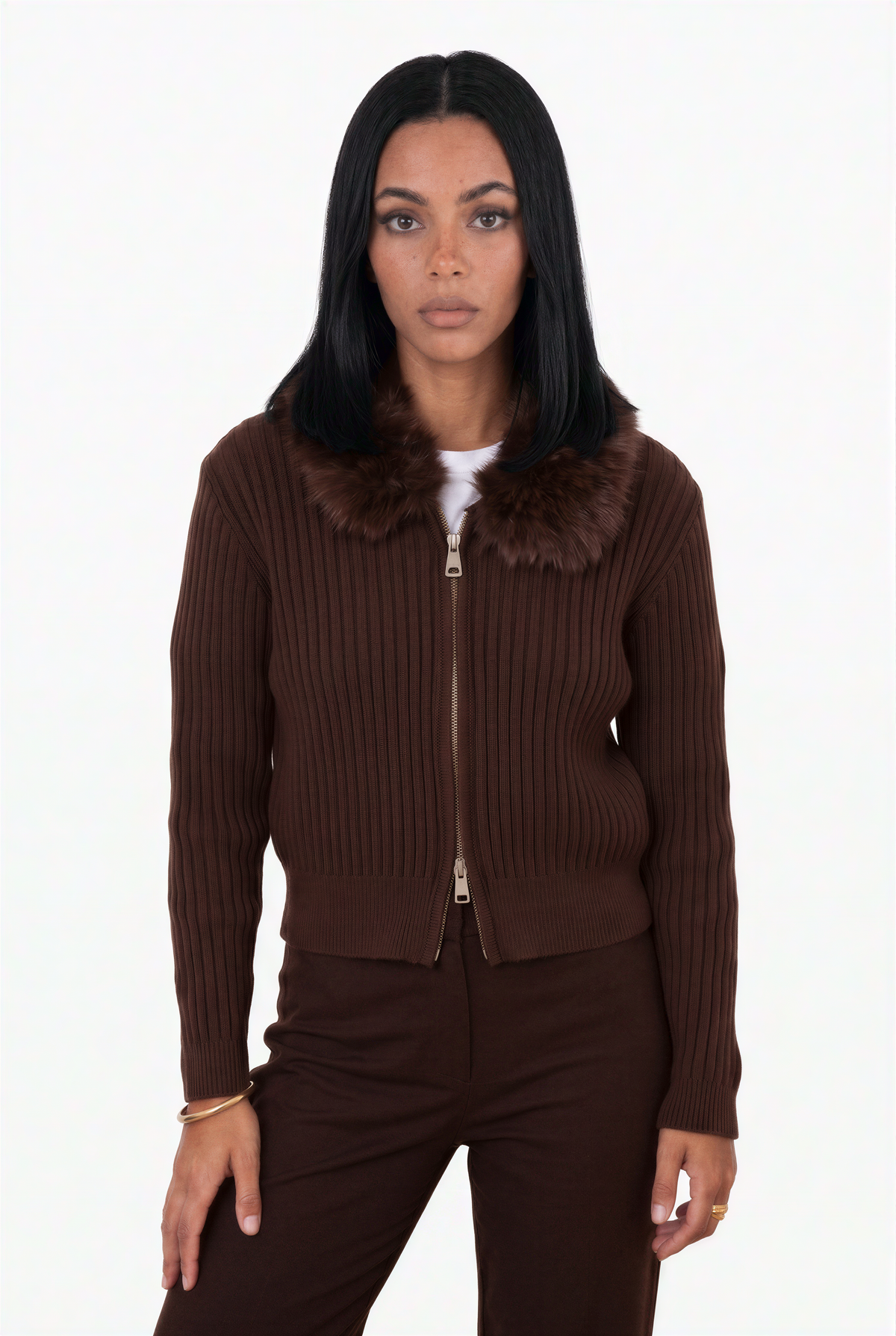Espresso Faux Fur Collar Double-Zip Ribbed Cardigan