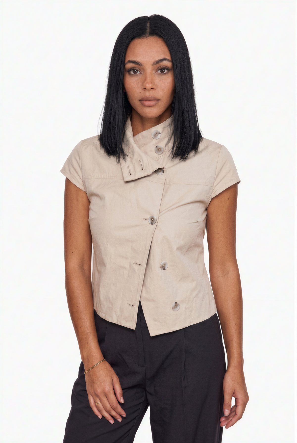 Stone Beige Structured Trench-Inspired Fitted Top