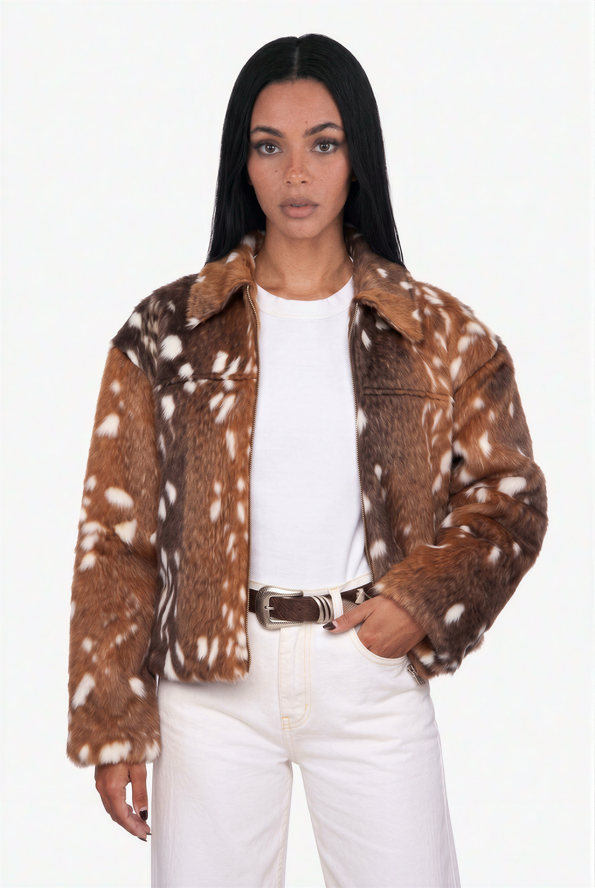 Fawn Pattern Fuzz Bomber Jacket
