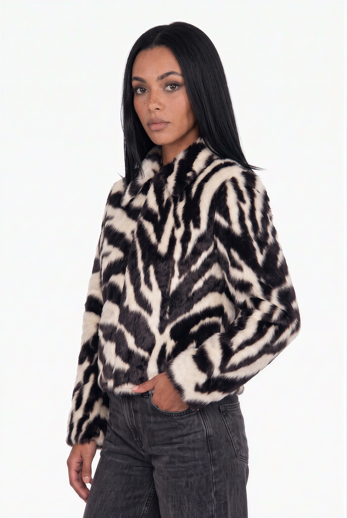 Zebra Pattern Faux Fur Coat