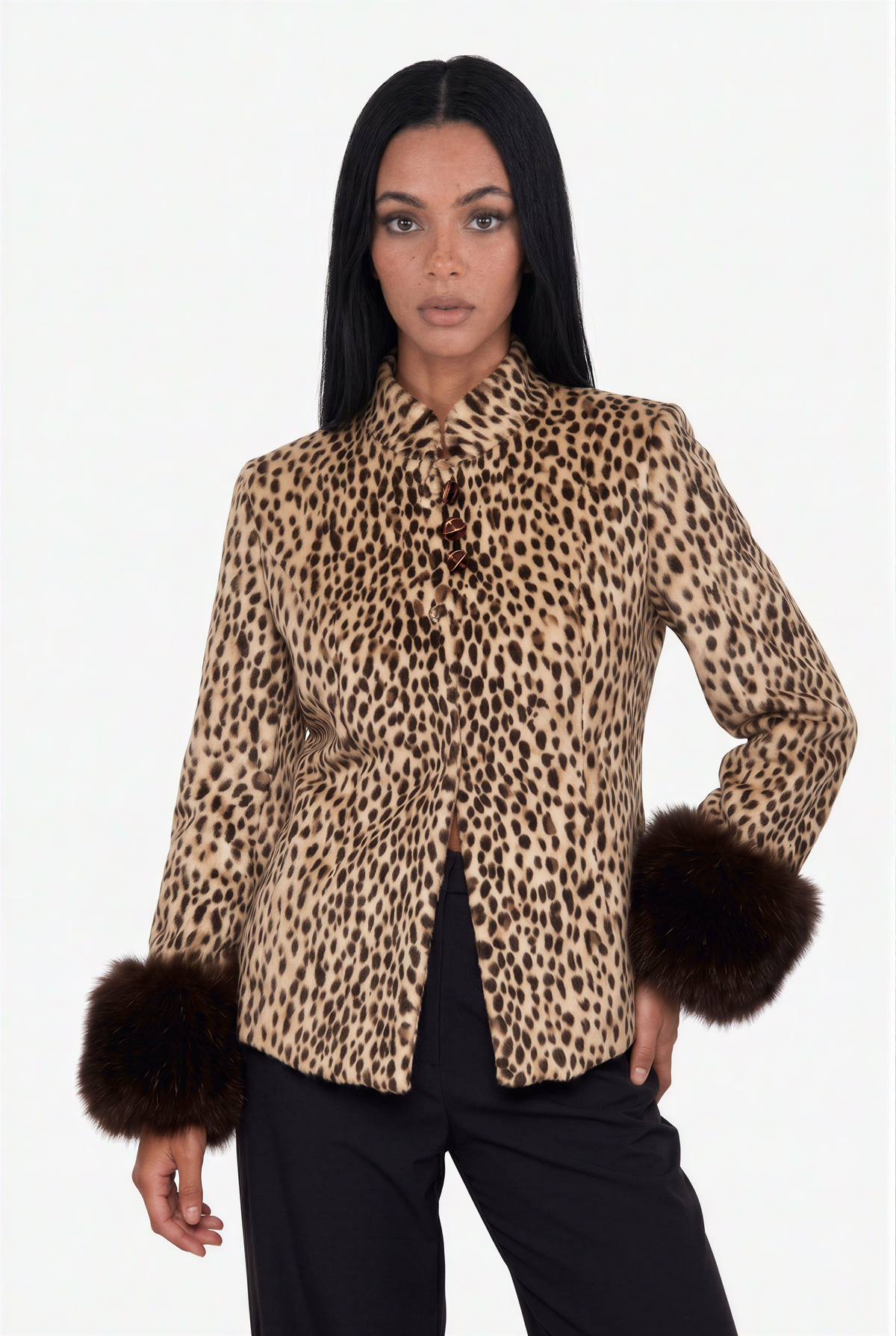 Cheetah Print Faux Fur Collar Jacket