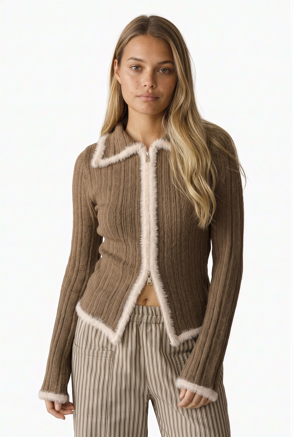 Brown Ribbed Knit Cardigan