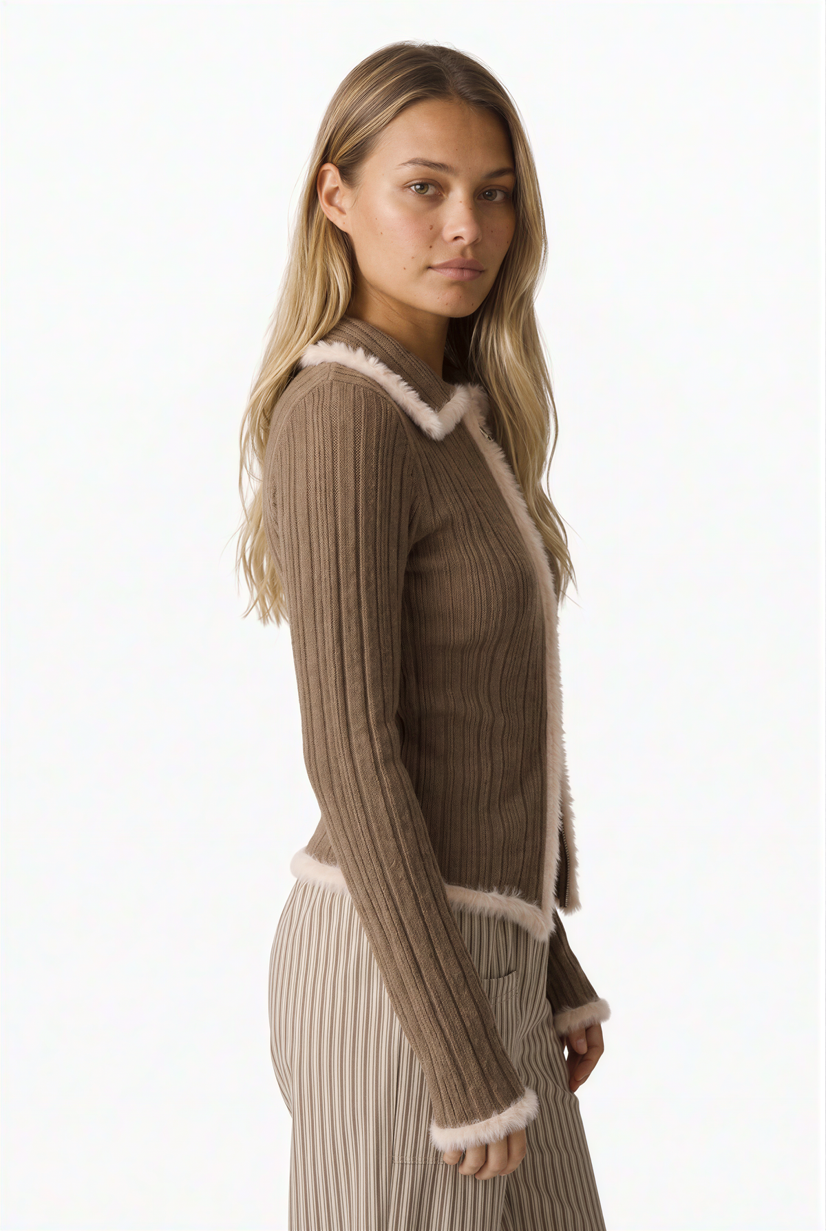 Brown Ribbed Knit Cardigan