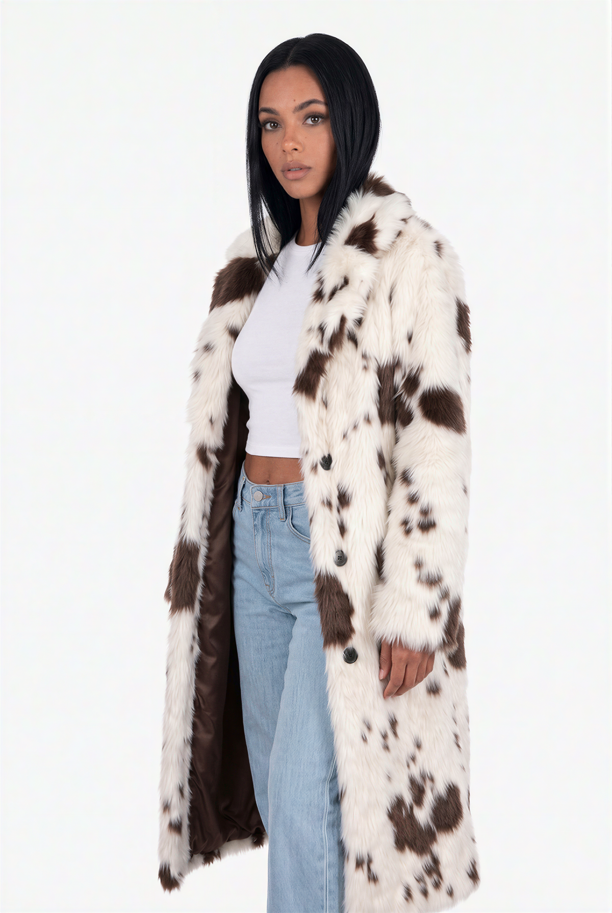 Cow Print Faux Fur Maxi Coat