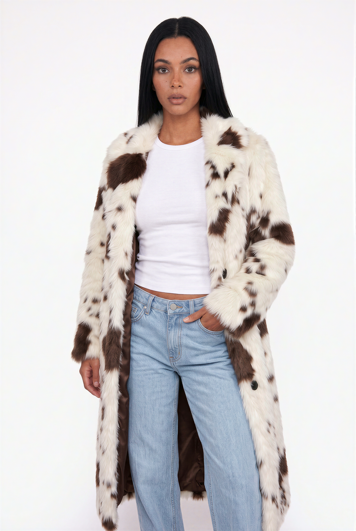 Cow Print Faux Fur Maxi Coat