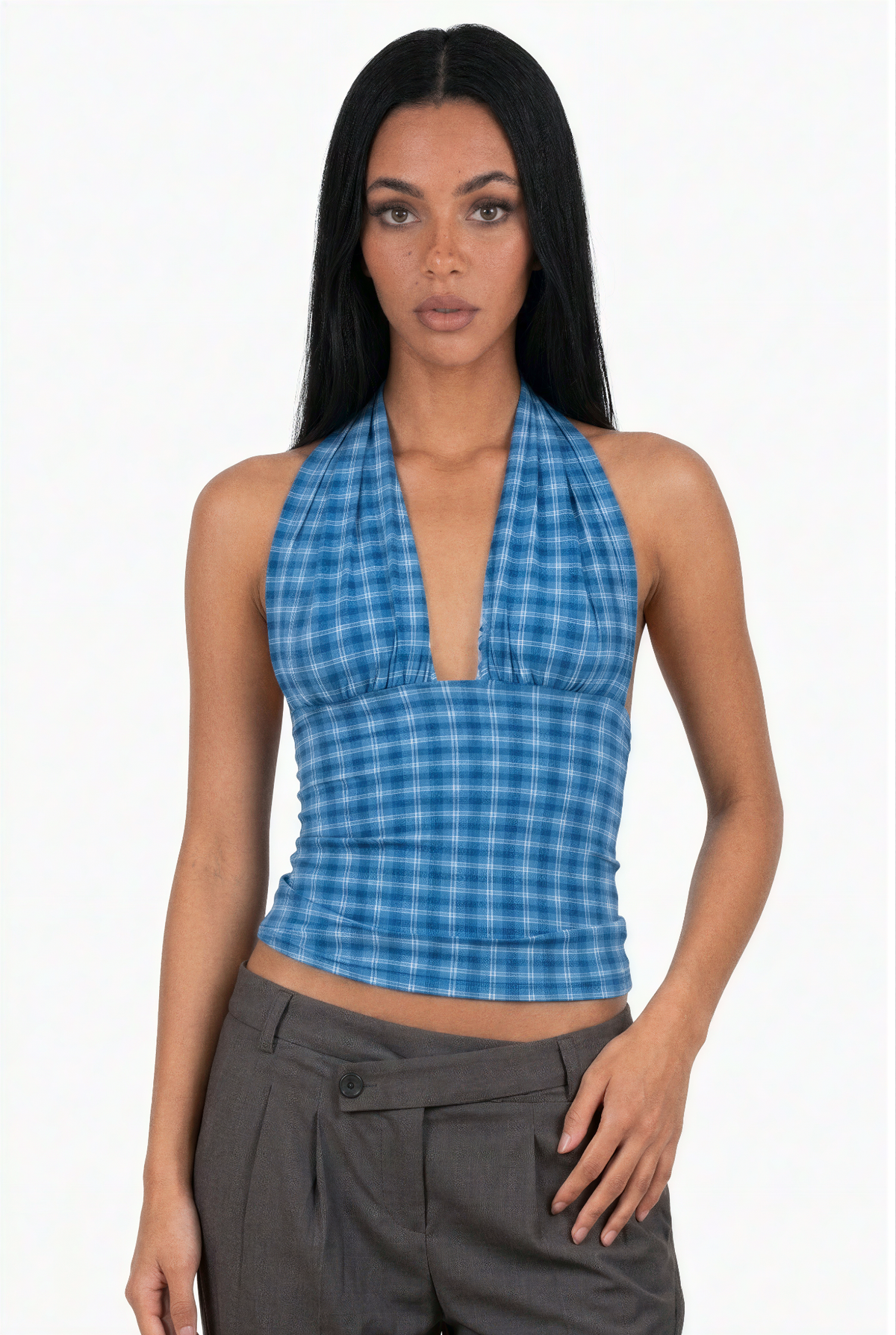 Retro Blue Tartan Halter Top