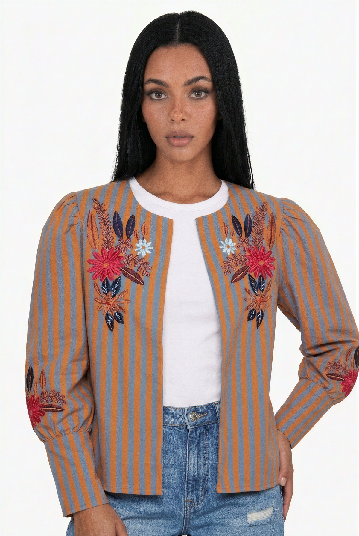 Striped Floral Embroidered Open-Front Jacket