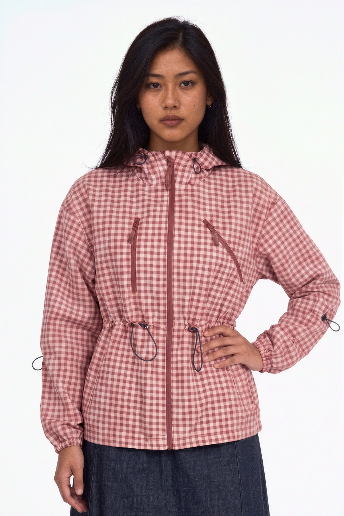 Gingham Check Zip-Up Hooded Utility Jacket