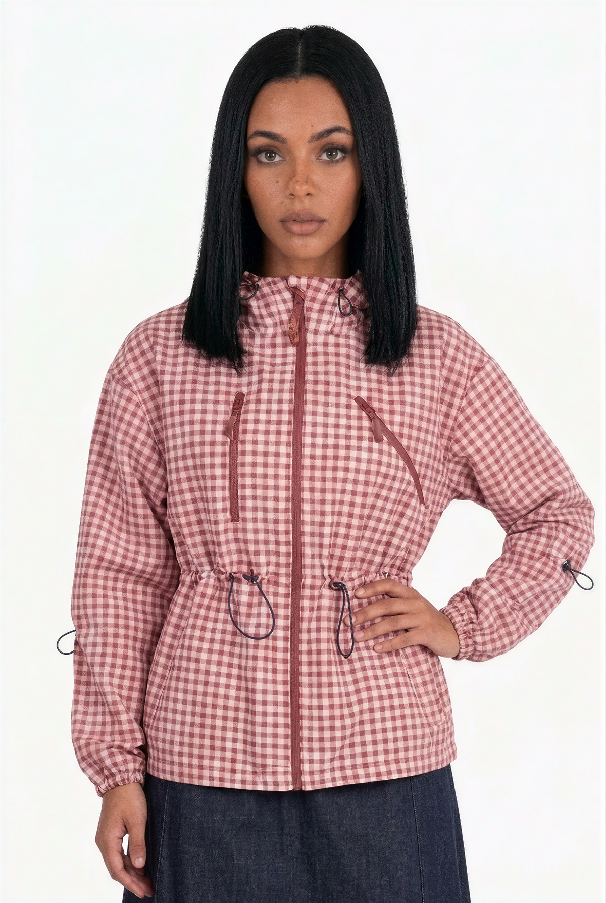 Gingham Check Zip-Up Hooded Utility Jacket