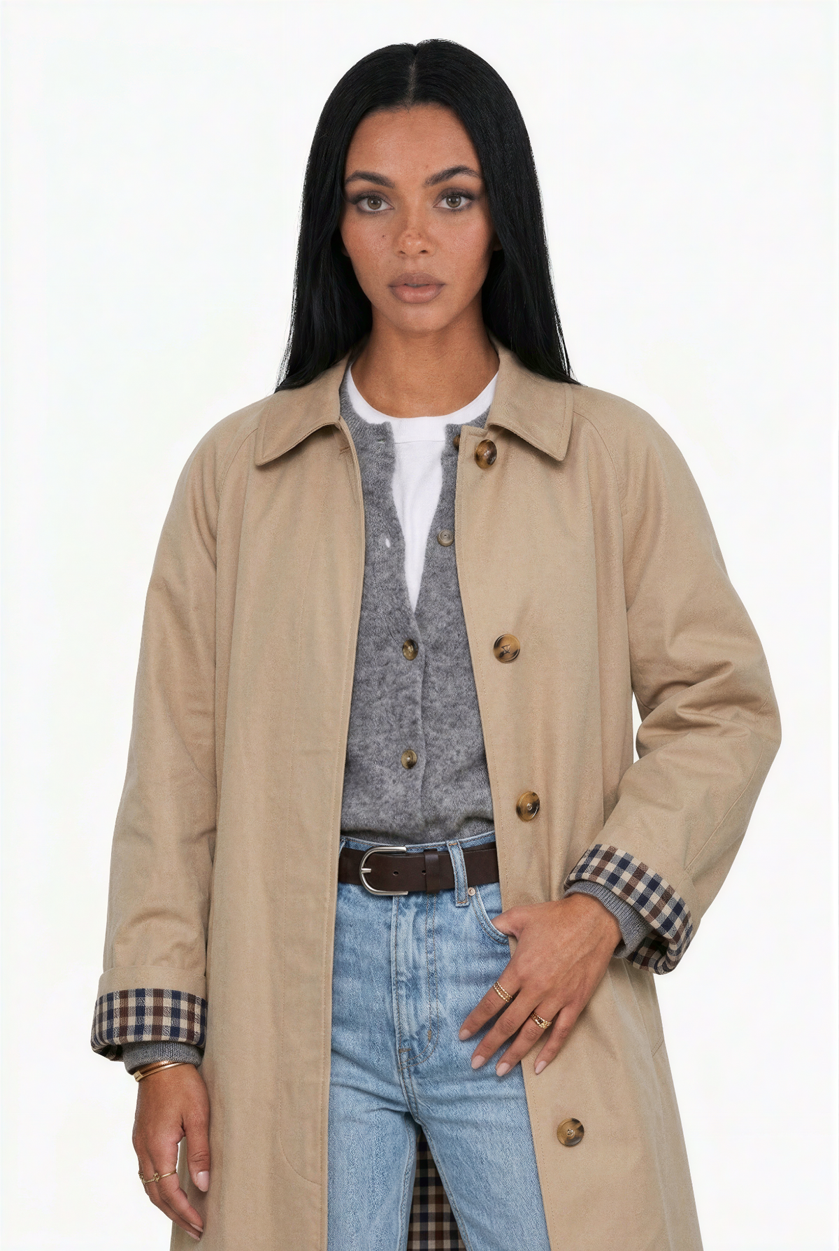 Classic Beige Single-Breasted Coat with Plaid Cuffs