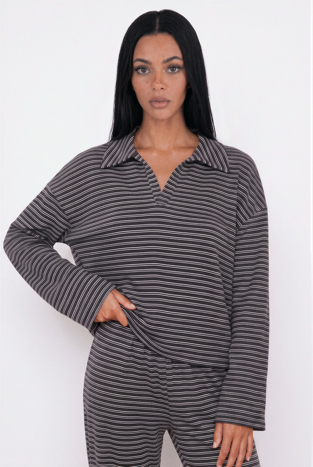 Striped Collared Long Sleeve and Wide Leg Pant Set
