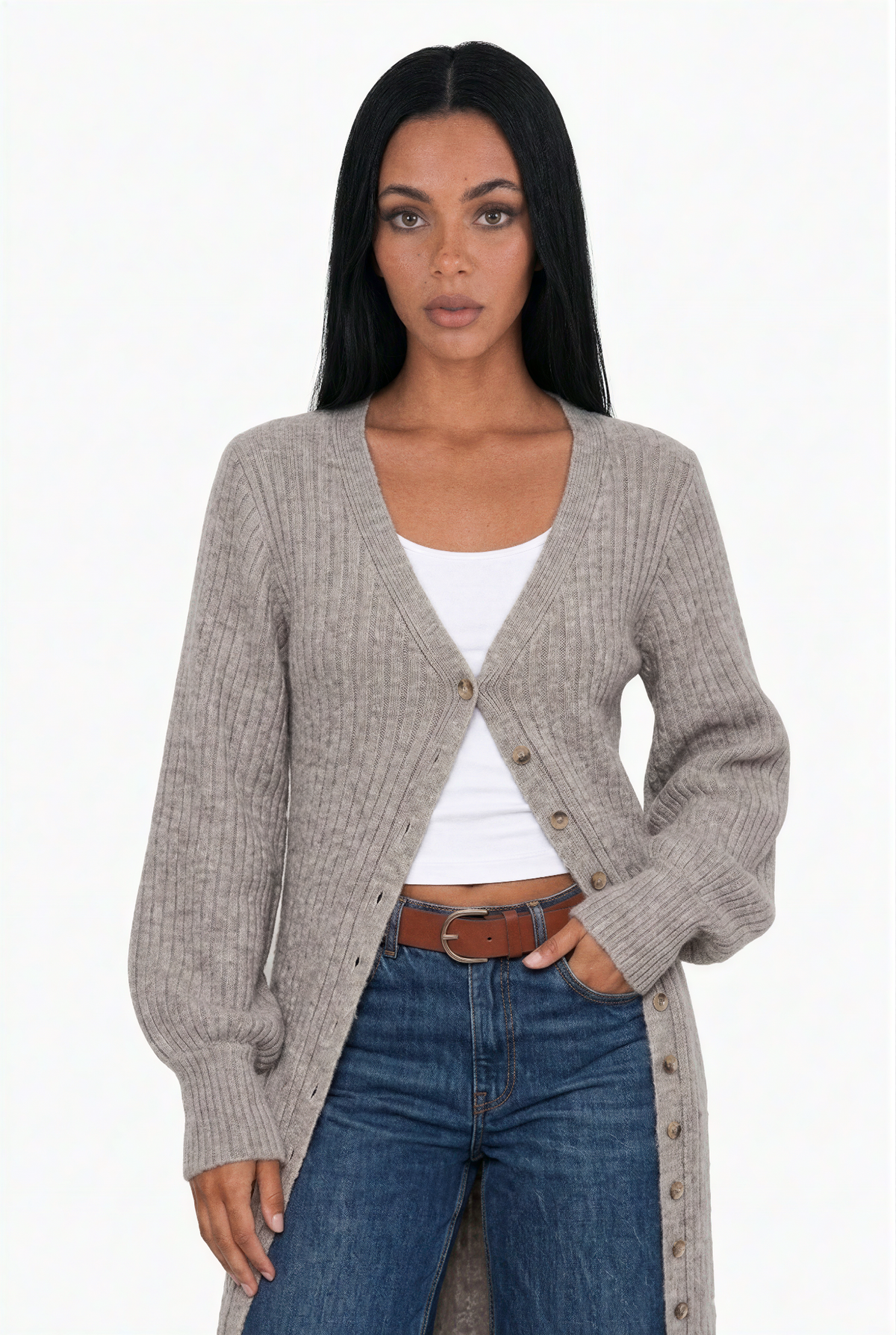 Chunky Ribbed Balloon Sleeve Cardigan