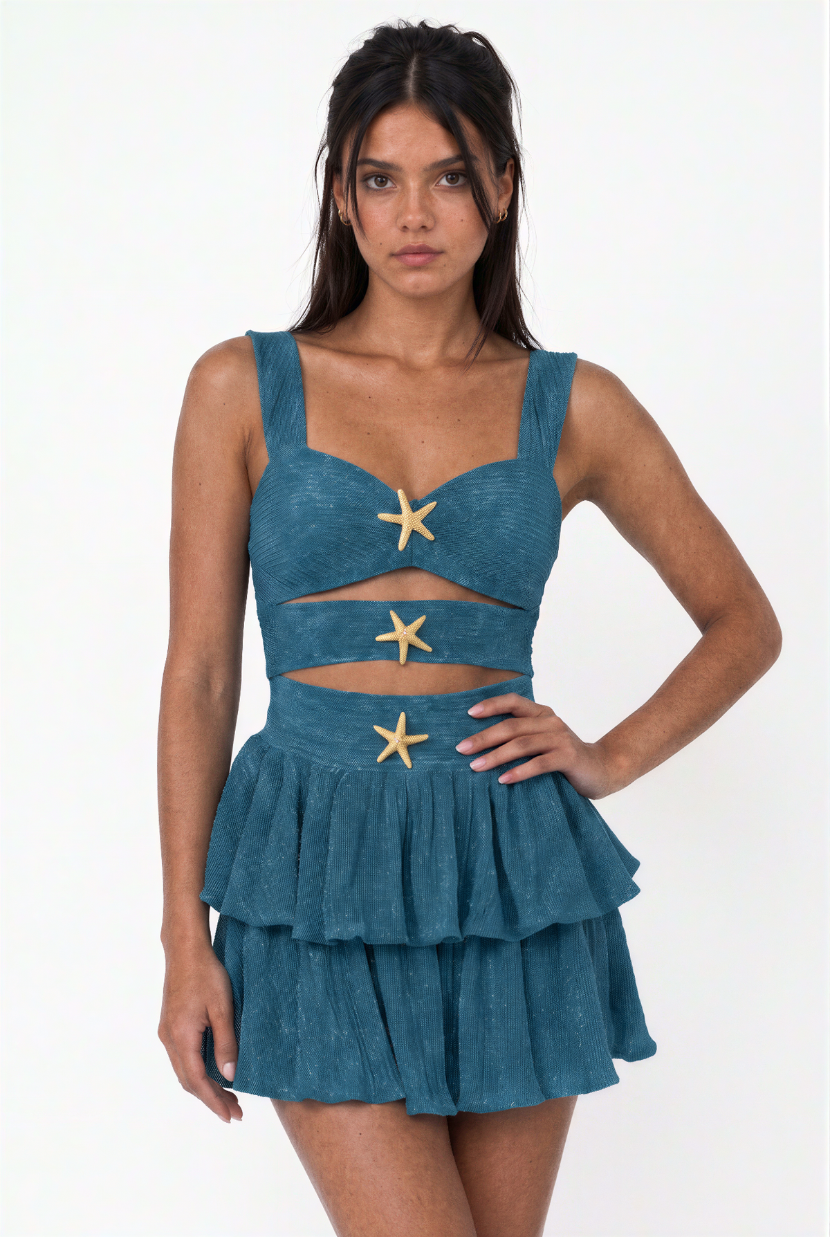 Rust Red Starfish Cutout Ruffle Mini Dress