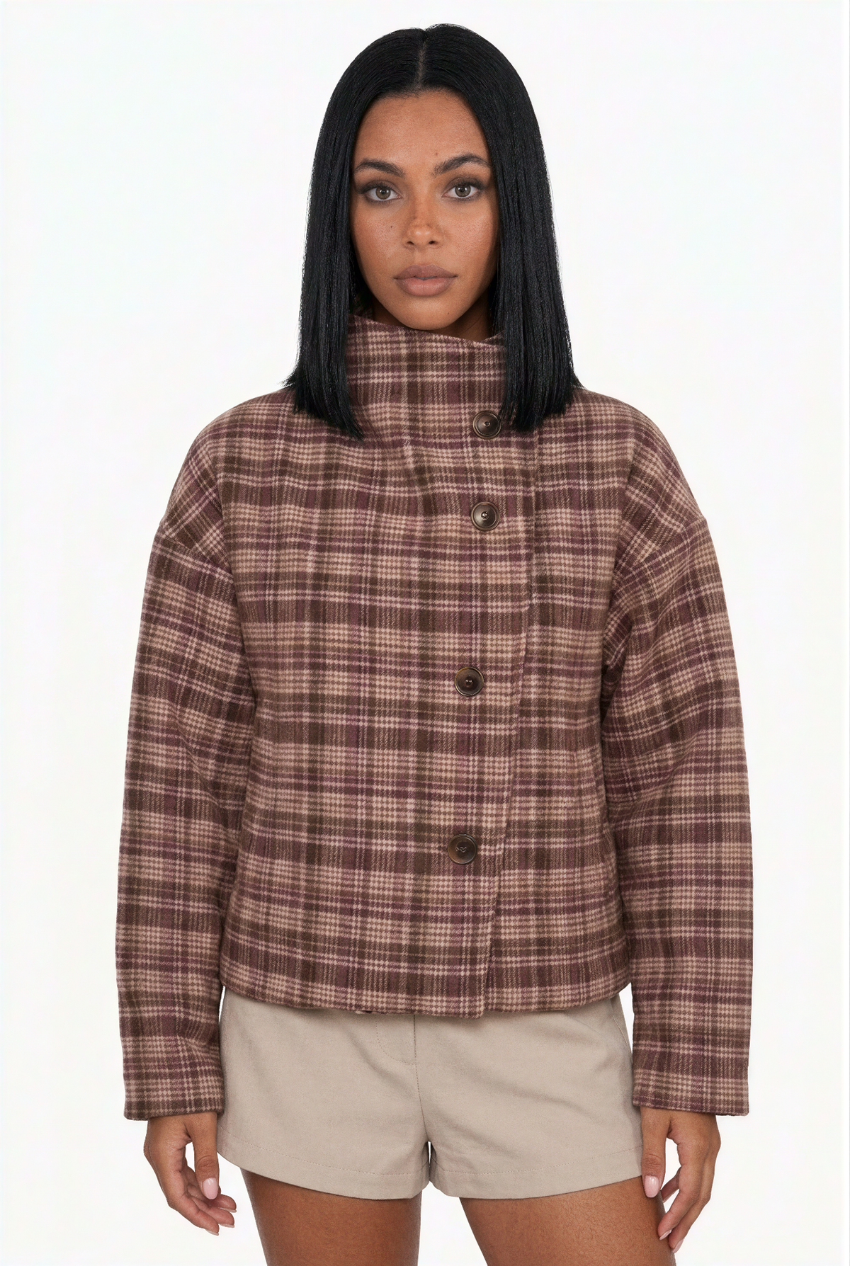 Vintage-Style Plaid Drop-Shoulder Jacket