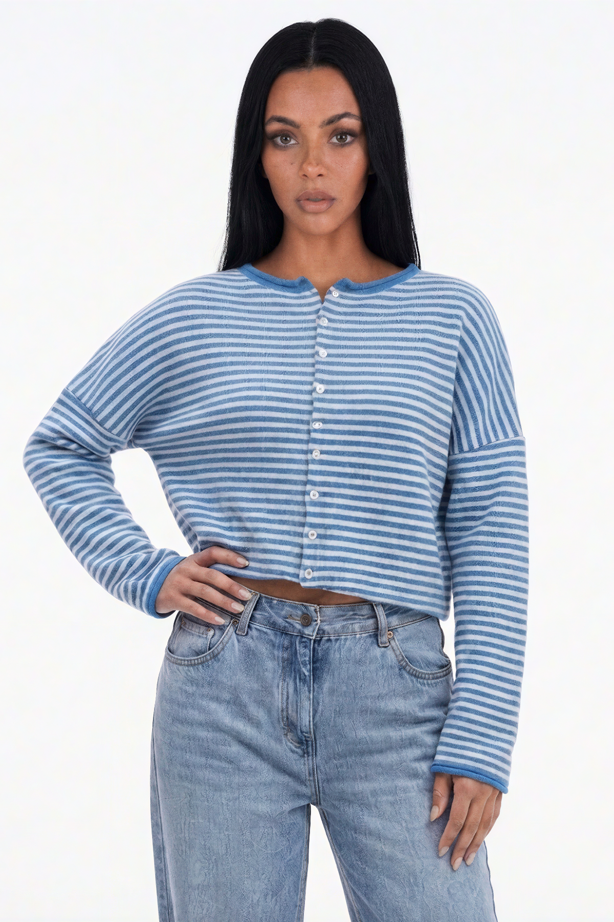 Blue Striped Knit Button-Front Cardigan