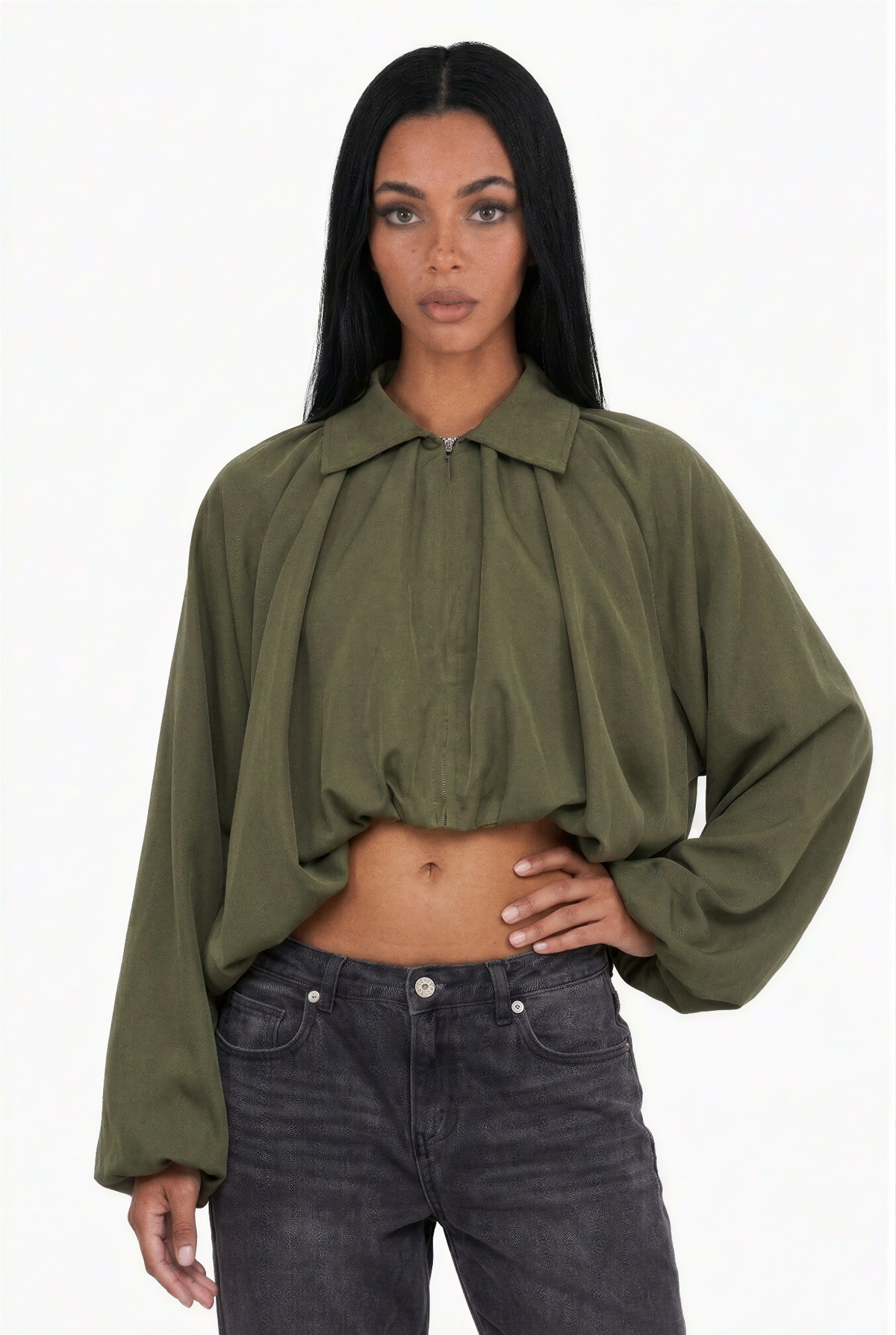 Collared Zip-Front Ruched Crop Jacket with Balloon Sleeves
