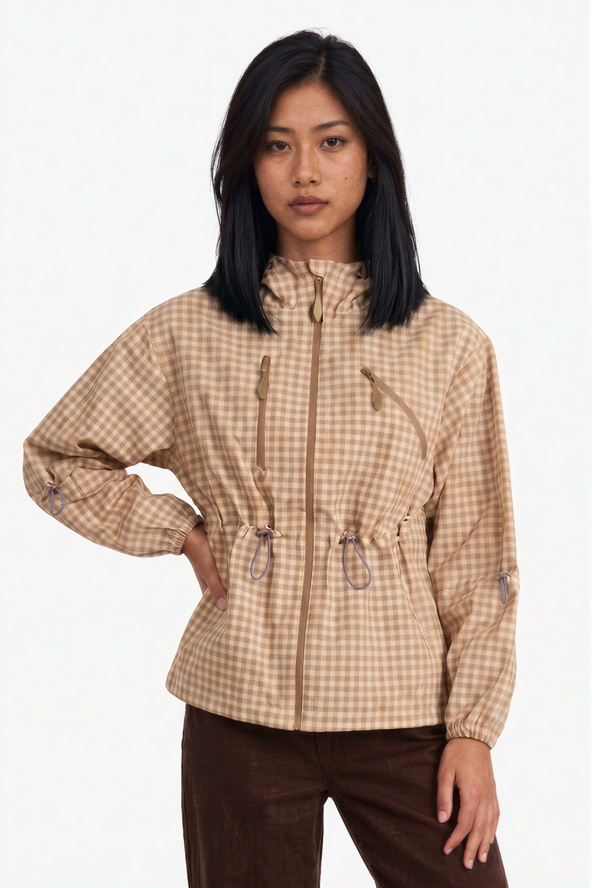 Gingham Check Zip-Up Hooded Utility Jacket