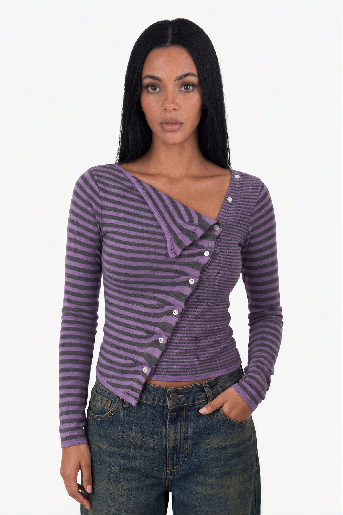 Diagonal Button-Front Striped Top