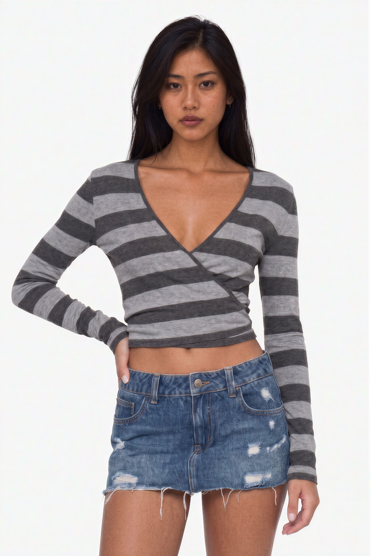 Grey and Black Striped V-Neck Long Sleeve Wrap Crop Top