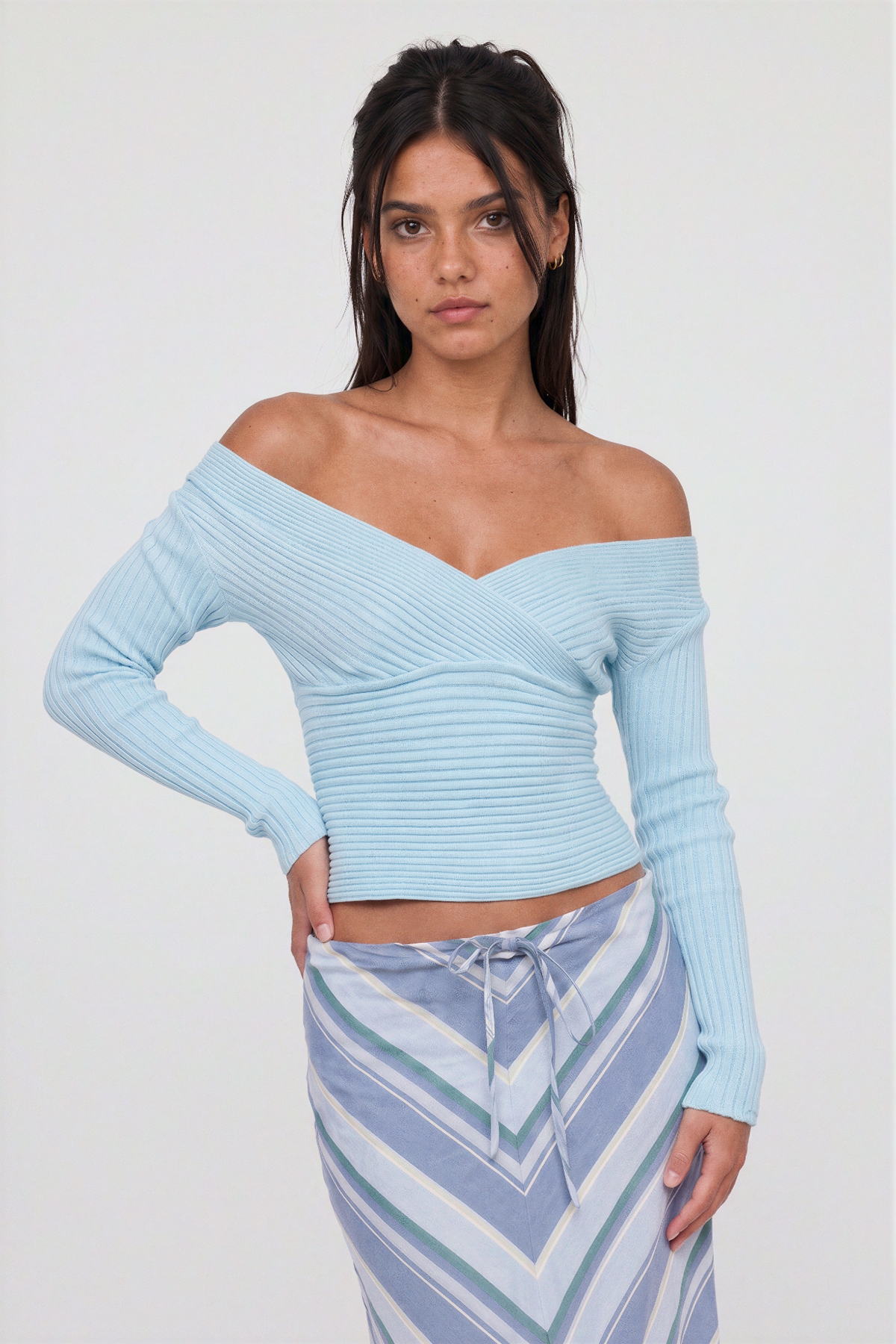 Light Blue Off-The-Shoulder Ribbed Knit Top